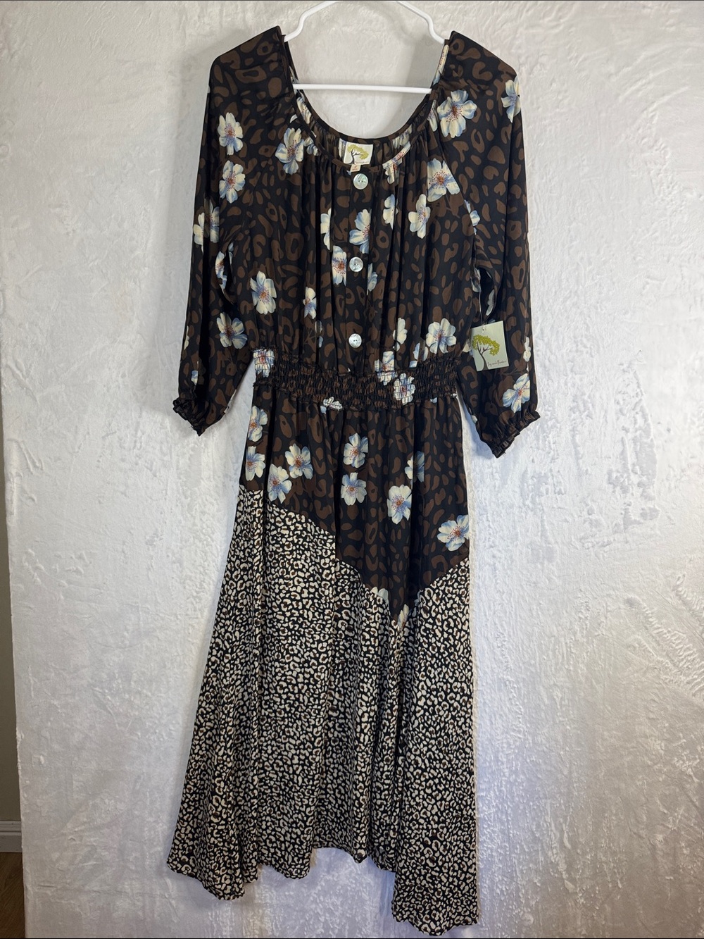 Fig & Flower Floral & Leopard Print Tiered Midi Dress in Brown Large NWT
